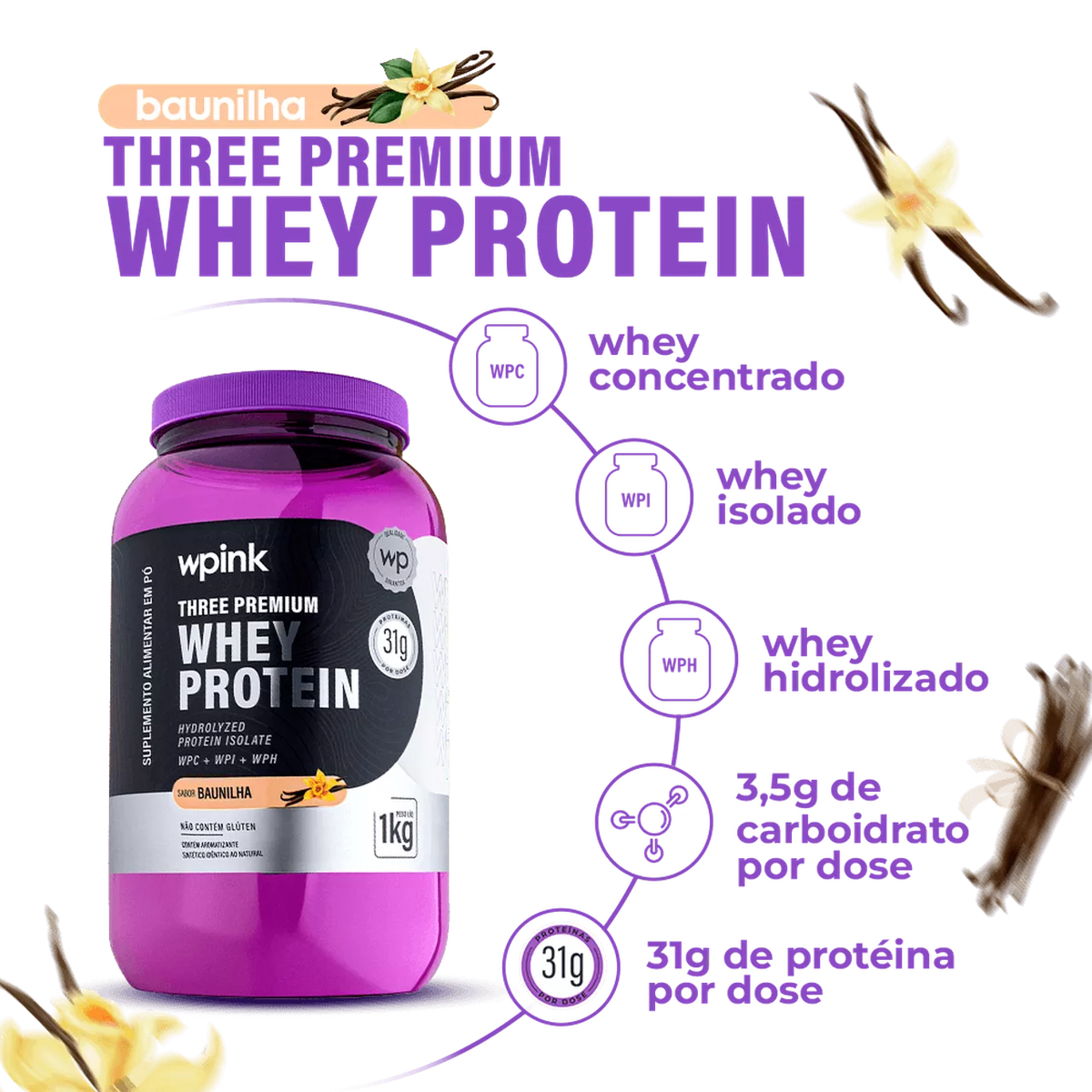 Three Premium Whey Protein Baunilha 3W - (1kg)